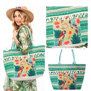NWT Canvas Oversized Tote for Spring and Summer - Turquoise Birds